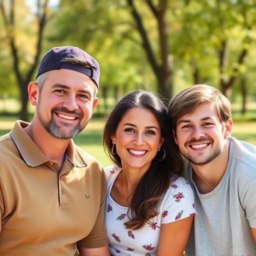 Família sorrindo para a câmera em um parque.