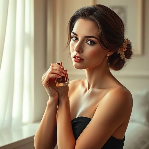 Fotografia de publicidade de um perfume com uma modelo em um ambiente sofisticado.