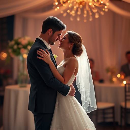 Fotografia de um casal danäando durante um casamento.