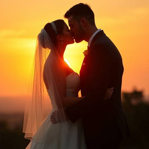 Fotografia de um casamento com os noivos se beijando ao pôr do sol.