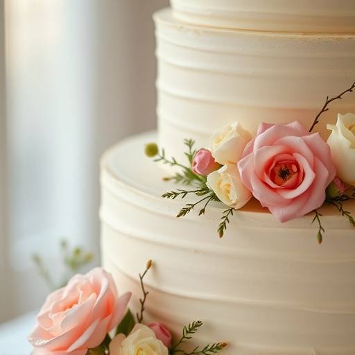Fotografia de um detalhe do bolo de casamento decorado com flores delicadas.