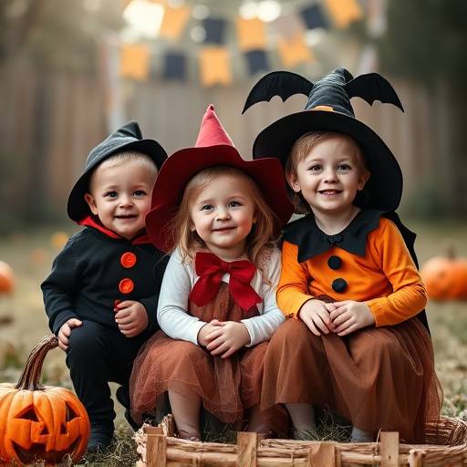 Fotografia de um ensaio temático de Halloween com crianäas fantasiadas.