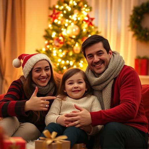 Fotografia de um ensaio temático de Natal com uma família reunida em frente a uma árvore decorada.