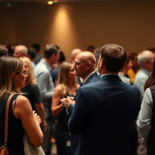 Fotografia de um evento corporativo com pessoas conversando.