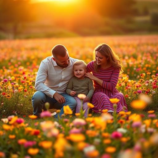 Fotografia de uma família brincando em um campo florido.