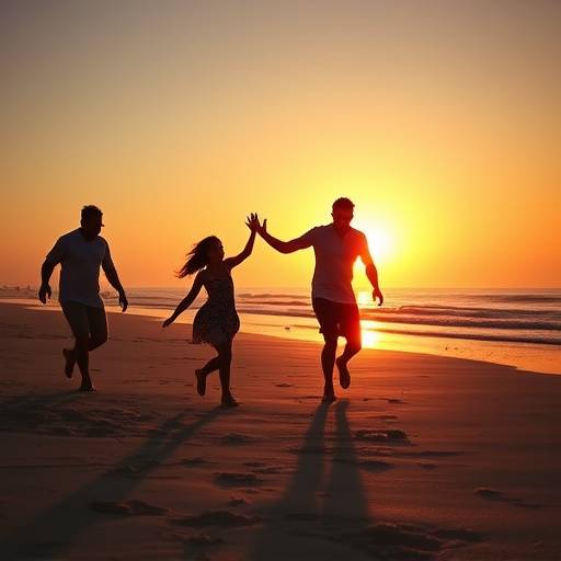 Fotografia de uma família brincando em uma praia durante o pôr do sol.