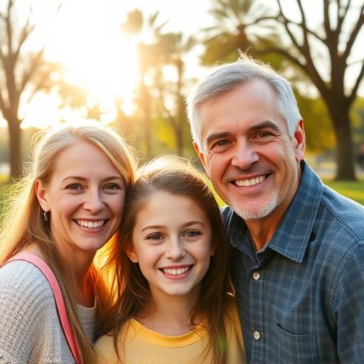 Fotografia de uma família sorrindo em um parque ensolarado.